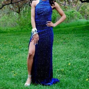 Blue Rhinestone Prom Dress